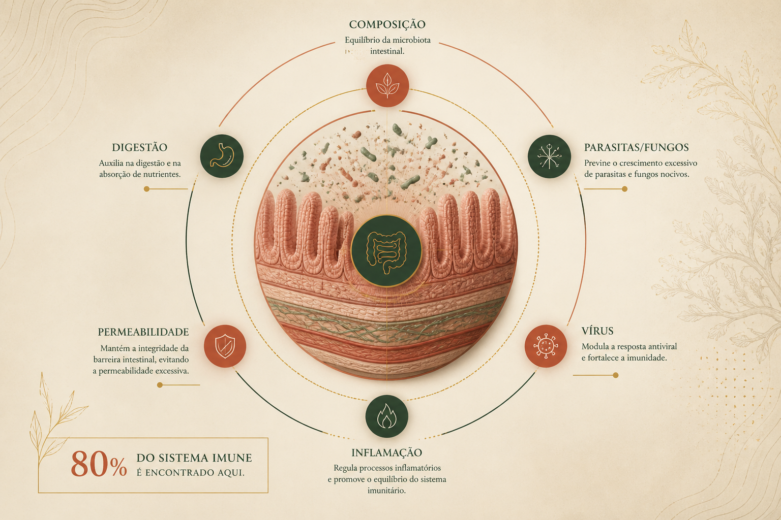 Microbiota intestinal — detalhe das comunidades de bactérias, fungos e vírus